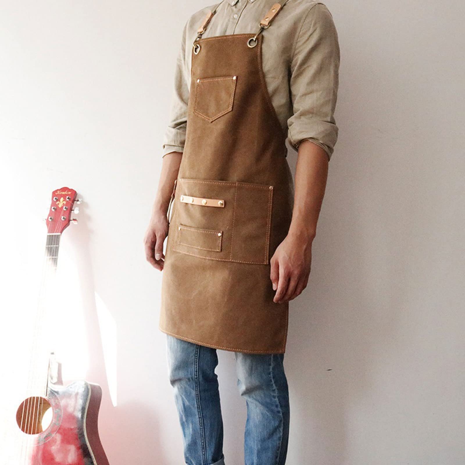 Fartuch płócienny śliniak skórzany fartuch szefa kuchni kobiety mężczyźni barista barman kieszenie dom fryzjer kawa restauracja ochronny pinafore(szary), Szary, rozmiar uniwersalny