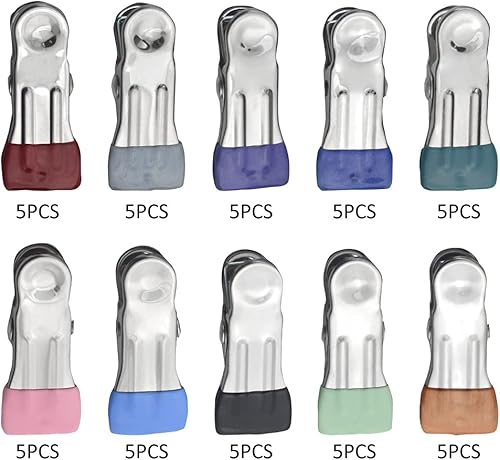 Miniatura 3 de XINMEIWEN Paquete de 50 alfileres de ropa de 10 colores de metal de acero inoxidable, abrazaderas de ropa para colgar ropa, toallas o sellar bolsas