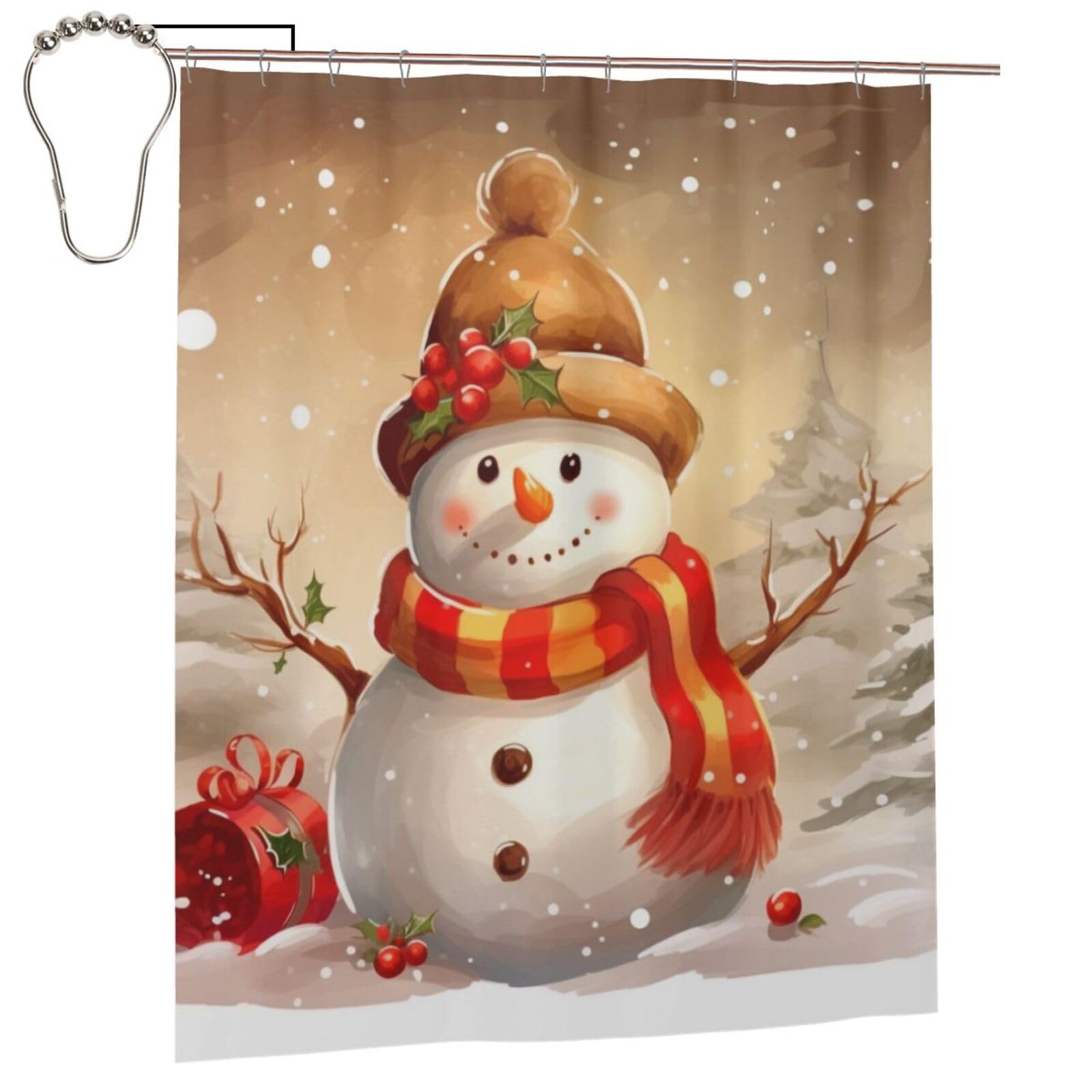 BWWHCCTI Christmas Snowman Printed Shower Curtain With 12 Iron Hooks Opaque Quick Drying Waterproof Shower Curtains Sets For Bathroom 152x183 Cm