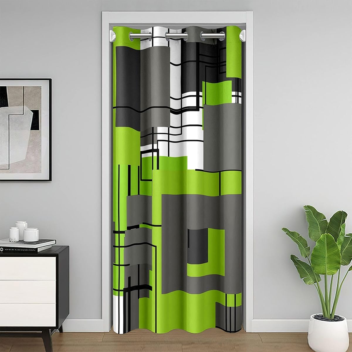 Erosebridal Lime Green Gray Geometric Blackout Curtain Black Grey White Square Door Curtain 52" W X 80" L