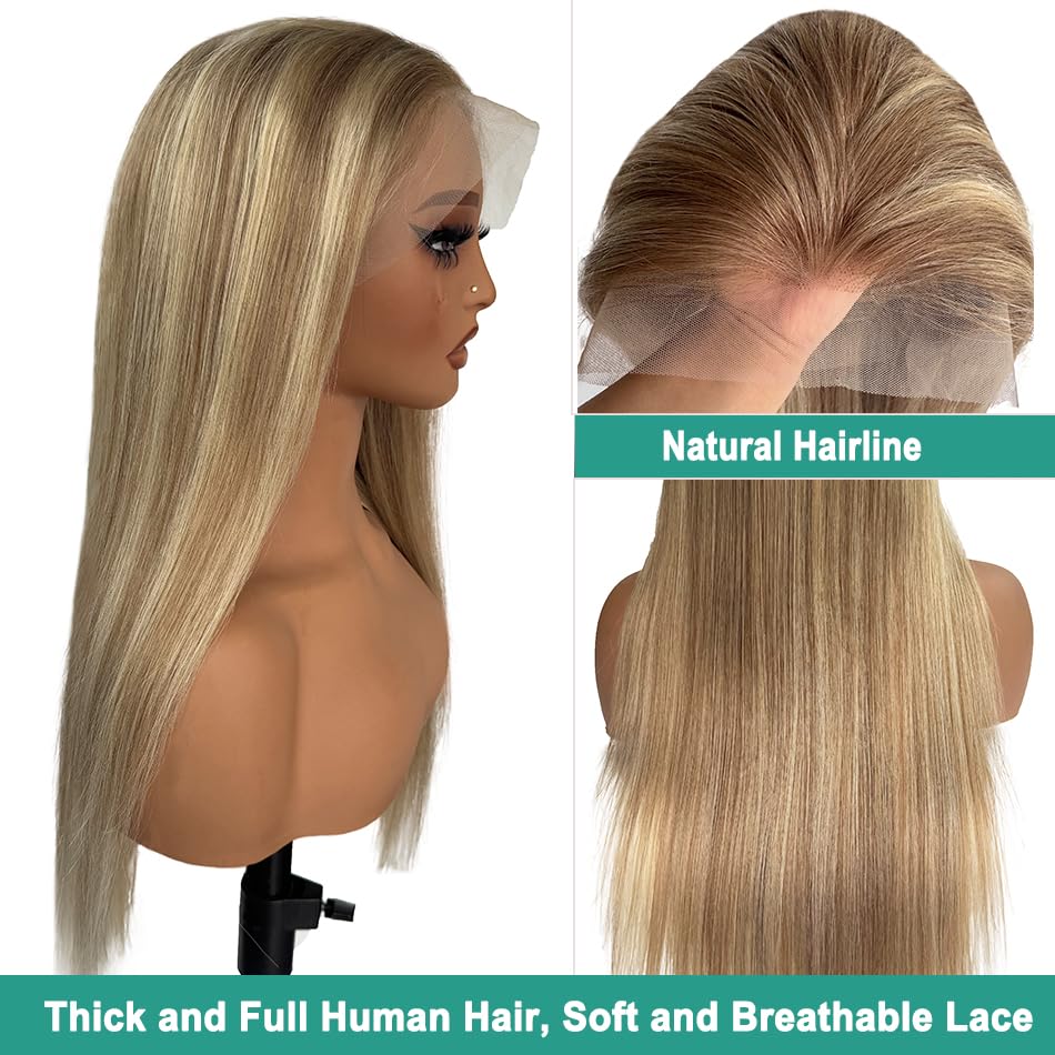 Image of Munx Upgrade-13x6 Ombre Ash Blonde Human Hair Wig HD Transparent Light Brown Mixed Ash Blonde Wigs for Women Pre Plucked Highlight Virgin Hair Lace Front Wigs 20 Inch Bleached Knots
