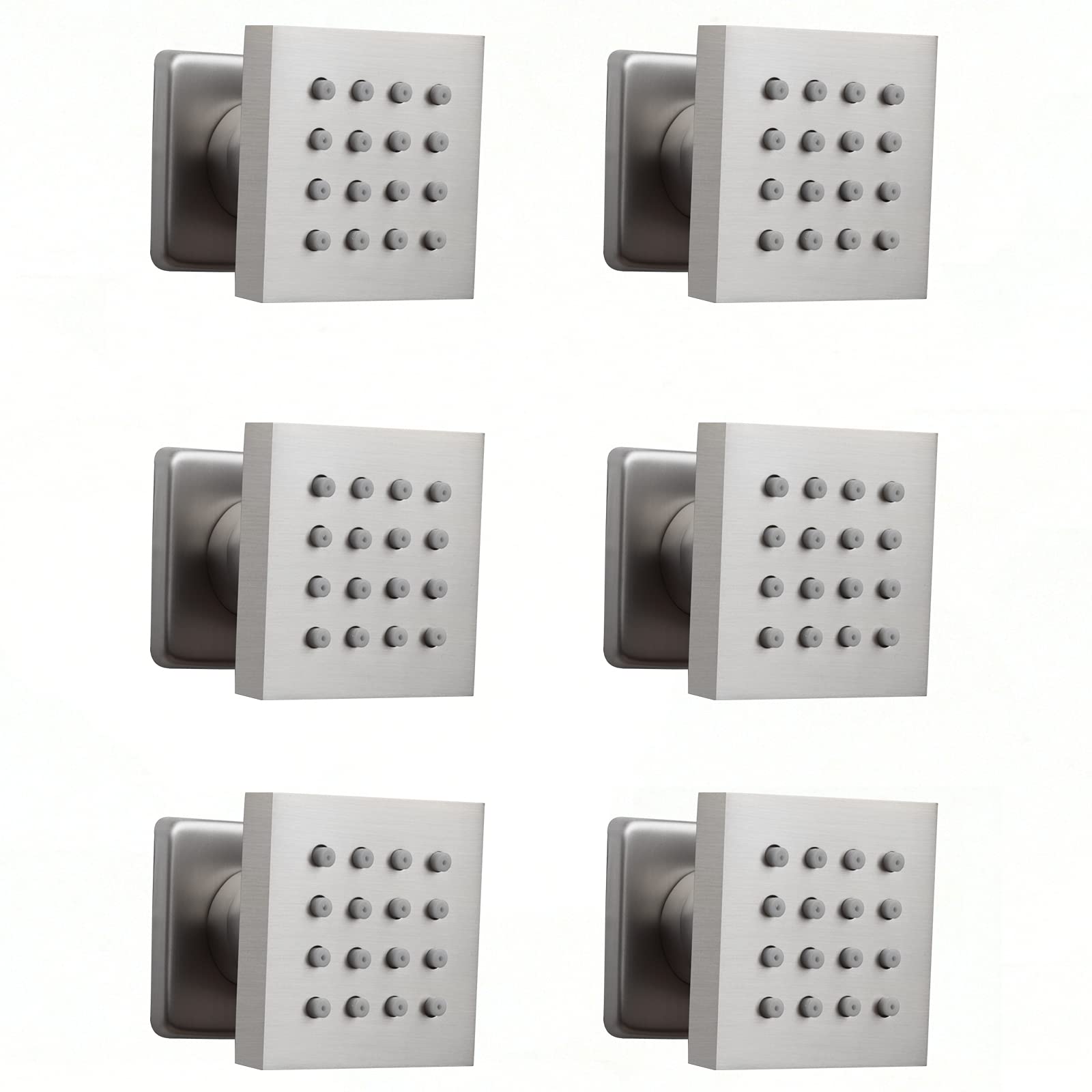 DULABRAHE 6 pcs Brushed Nickel Body Jets 2 Inch Shower Adjustable Spa Brass Square Massage Shower Silde Sprayer Jets NPT 1/2”