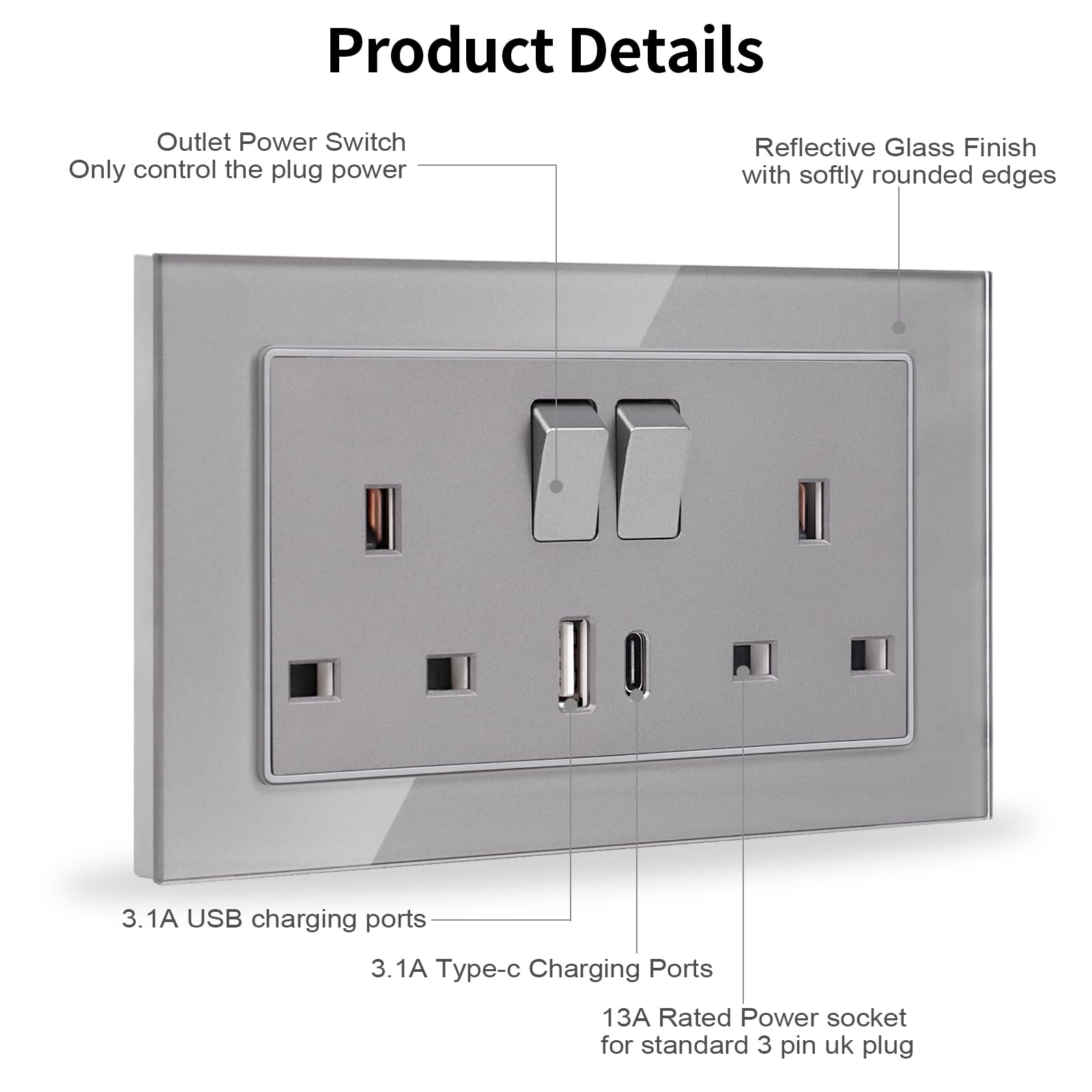 JIMEIDA 5 Pack 20W Grey Double Switched Socket Fast Charging 13 Amp with USB A and USB C Charging Ports Crystal Glass Panel Wall Outlet,250V - Image 4