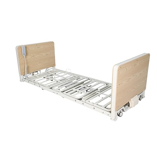 Ultra Low Bed 5 Electric Functions Foam Mattres Overbed Table Medical 36"x80" Homecare Bed Adjustable Height 3.9" – 22" Package (Oak)