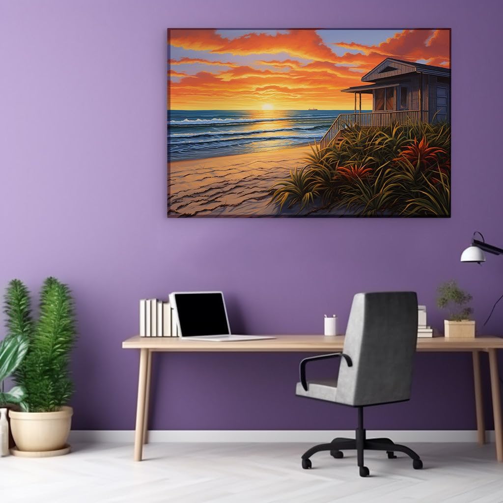 Canvas for Living room. Sundown Serenity on the Shoreline � A Digital Ode to Twilight's Warmth, 27 x 18 inch Canvas Wall Art - Surrealistic Visions - Modern Home Decor - 69x46 cm (27x18 inch)