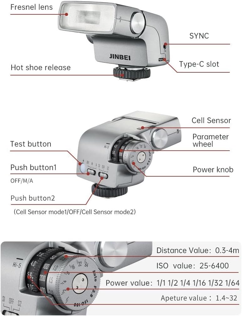 Close-up of JINBEI Hi5 control dials showing settings for Distance Value, ISO value, Power value, and Aperture value.