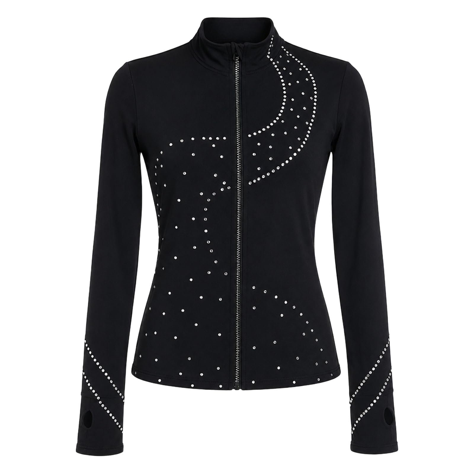 Eiskunstlauf Jacke Damen Teenager Reißverschluss Strass Training | Jacke mit Reißverschluss, Stehkragen, Daumenlöchern und Strasslinien for Training auf dem Eis