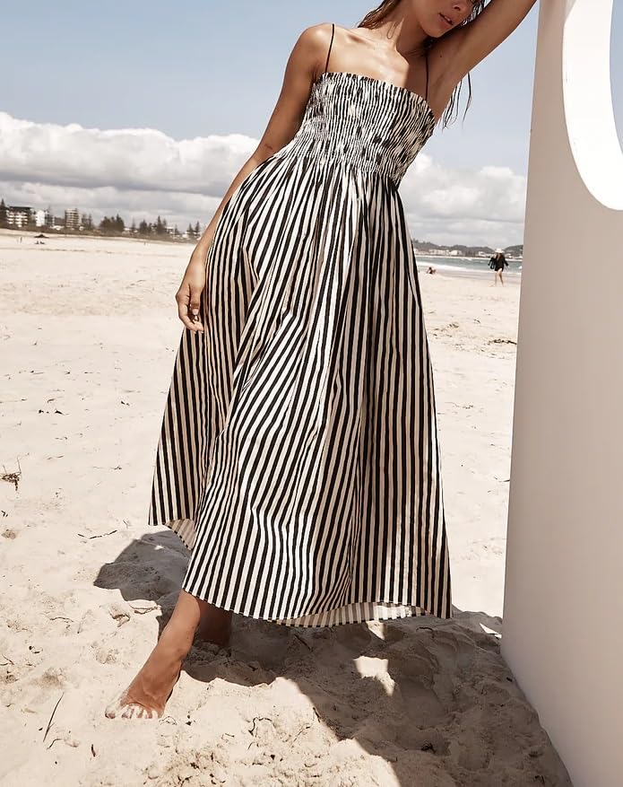 Women Striped Maxi Dress Smocked Backless Spaghetti Strap Long Flowy Dress Sleeveless Boho Aline Sundress2