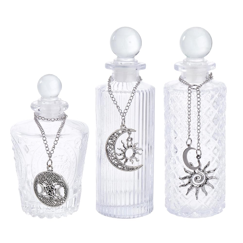 OLYCRAFT 3Pcs Energy Glass Bottle 150ml Spiritual Glass Bottle with Moon Sun Alloy Pendants Decorative Crystal Water Jars for Spiritual Cleansing Meditation Practice Home Decor