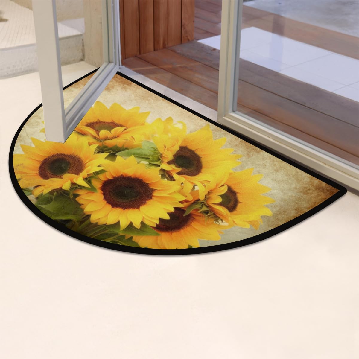 Half Round Door Mat Sunflower Summer Non-Slip Absorbent Welcome Doormats Washable Half Circle Area Rug for Home Indoor Entrance High Traffic Areas, 24" x 36"