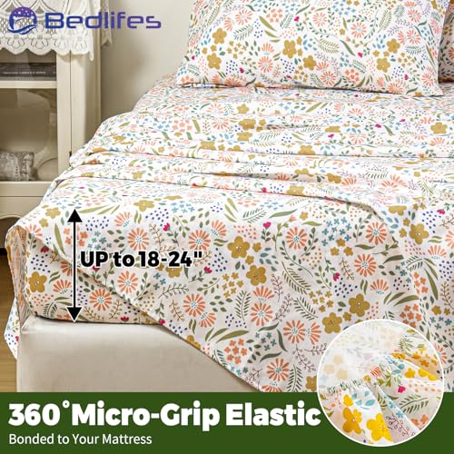 Image of Bedlifes Extra Deep Pocket 18-24 inch Queen 4-Piece Sheet Set - Cooling Sheets Blend Rayon Derived from Bamboo Soft & Breathable,Featuring Floral