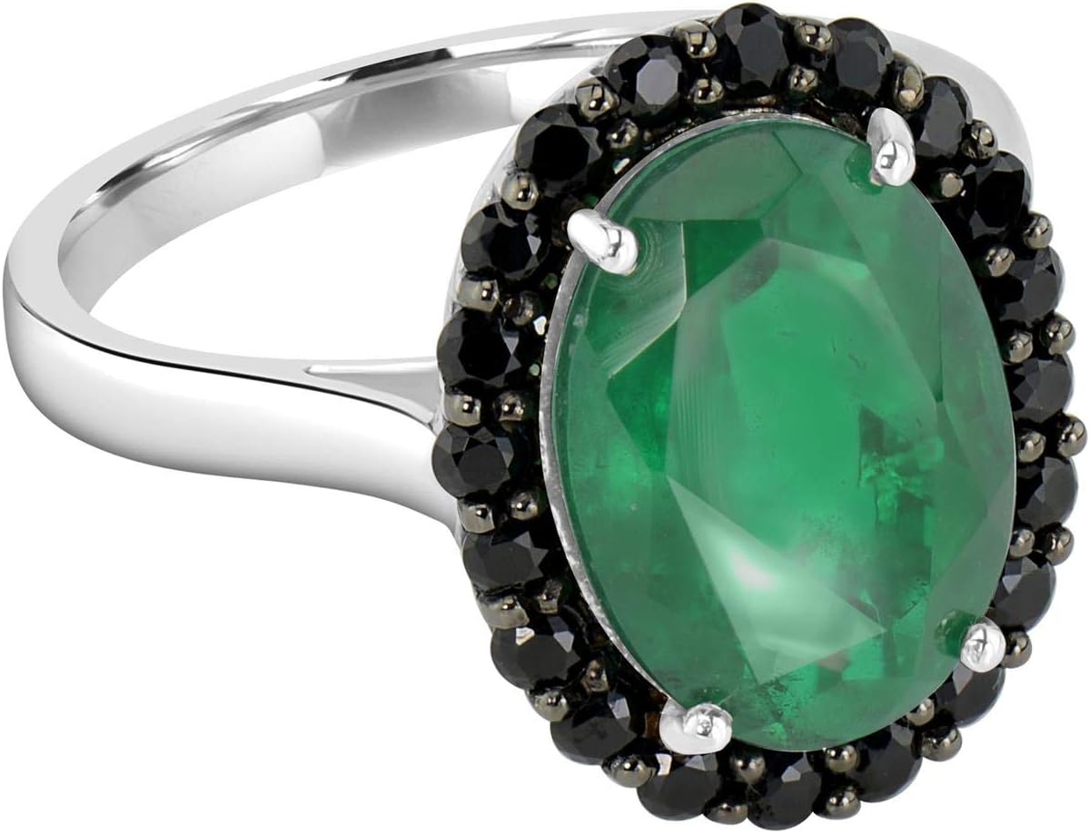 Sterling Silver Oval Emerald Quartz & Round Black Spinel Women Ring (7.02 Ct)