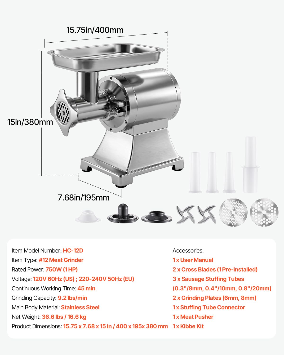 VEVOR Picadora de Carne 750W 1 HP, Picadora de Carne Eléctrica 4,2 kg/min, de Acero Inoxidable, con 2 Placas, 3 Tubos de Embutir Salchichas, para Cocinas Domésticas, Restaurantes, Carnicerías