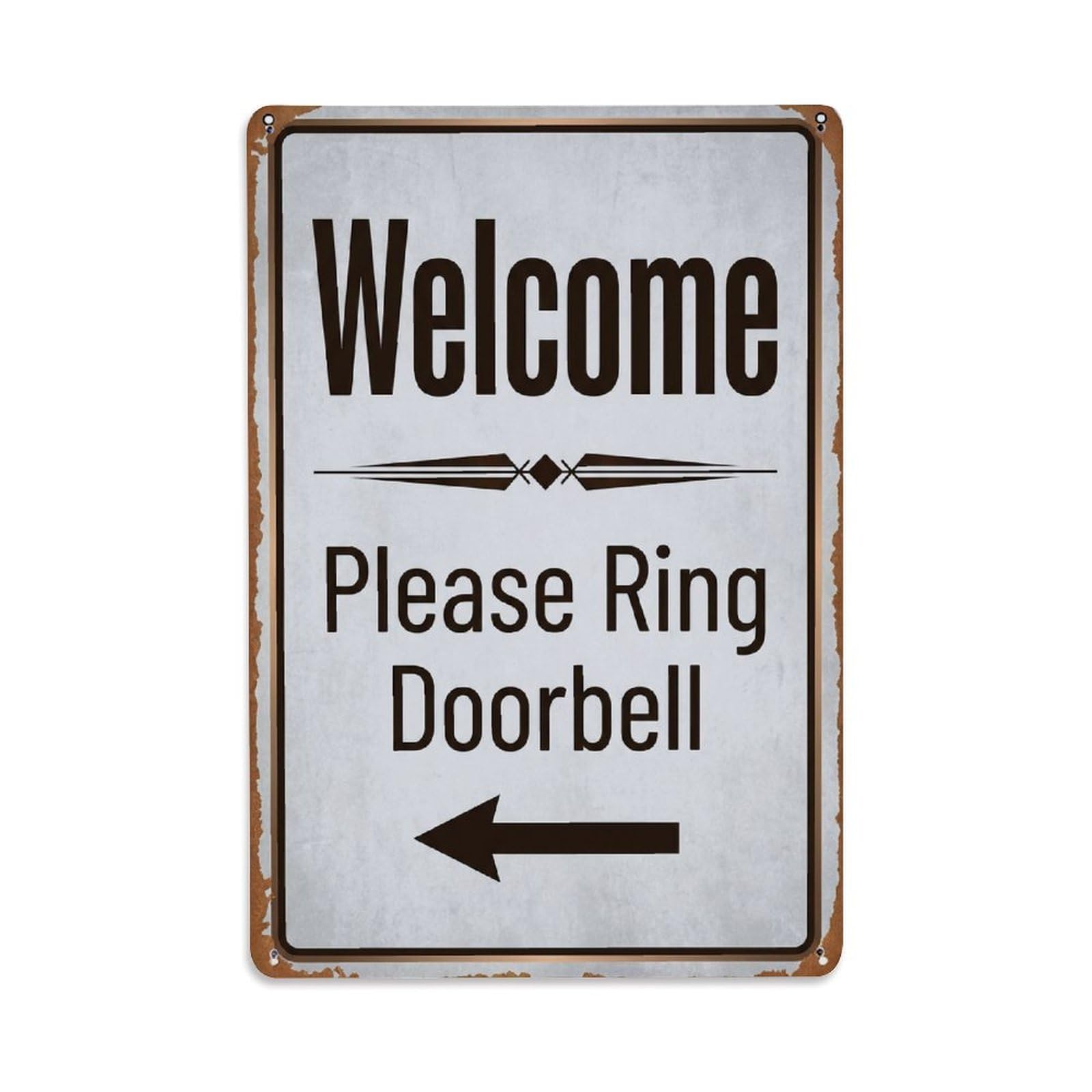 Metal Tin Sign Vintage Welcome Please Ring Doorbell Arrow Geometric