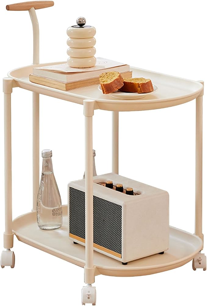 Mobile End Table, 2 Tier Side Cabinet with Handle Storage Rack and 4 Wheels, Utility Cart Living Room Small Sofa Table Mobile Plastic Side Table Little Night Stand Bedroom Balcony, White