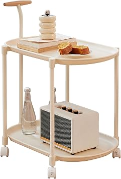 2-Tier Plastic Mobile End Table with Handle and Wheels White | Space-Saving Rolling Cart for Living Room, Bedroom & Balcony, Lockable Casters, Kid-Safe Rounded Edges, 5-Min No-Tool Setup