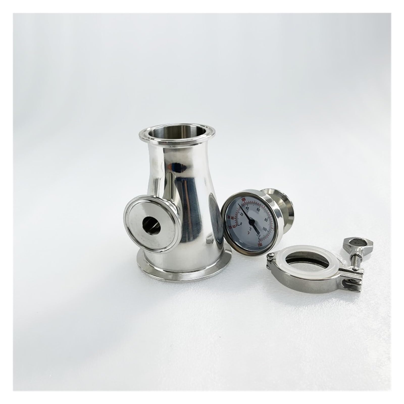 Reductor de cobre de triple abrazadera Reductor de triple abrazadera de 1,5'' (38 mm) de diámetro exterior de 50,5 mm x 3'' (76 mm) de diámetro exterior de 91 mm con interfaz de termómetro de 19 mm de