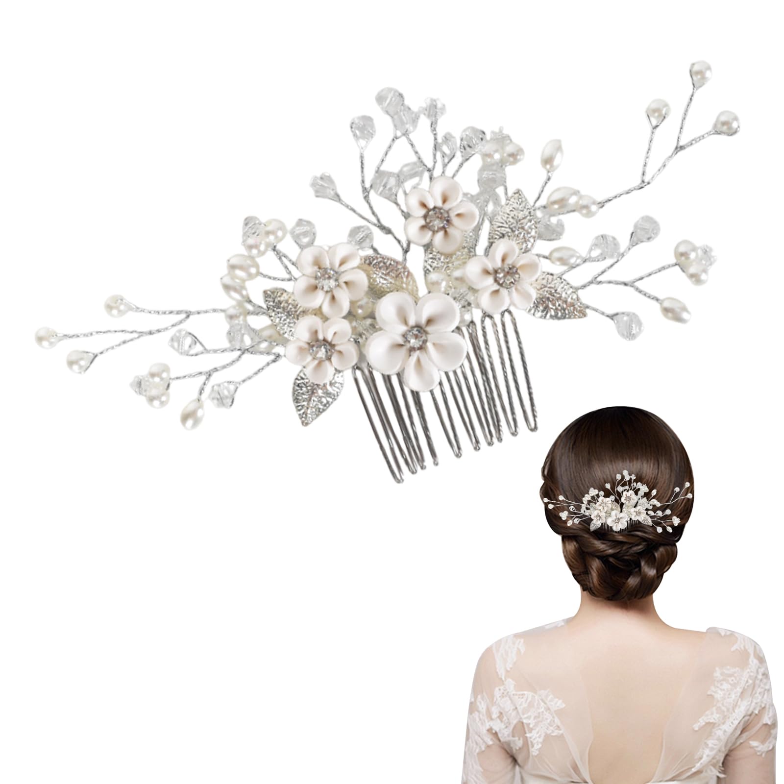 Accesorios para Pelo Boda, Peinetas para el pelo de boda tocado de perlas y flores, Peine para el pelo de boda nupcial, Tocado de peineta para el pelo decoración nupcial, para damas de honor y novias