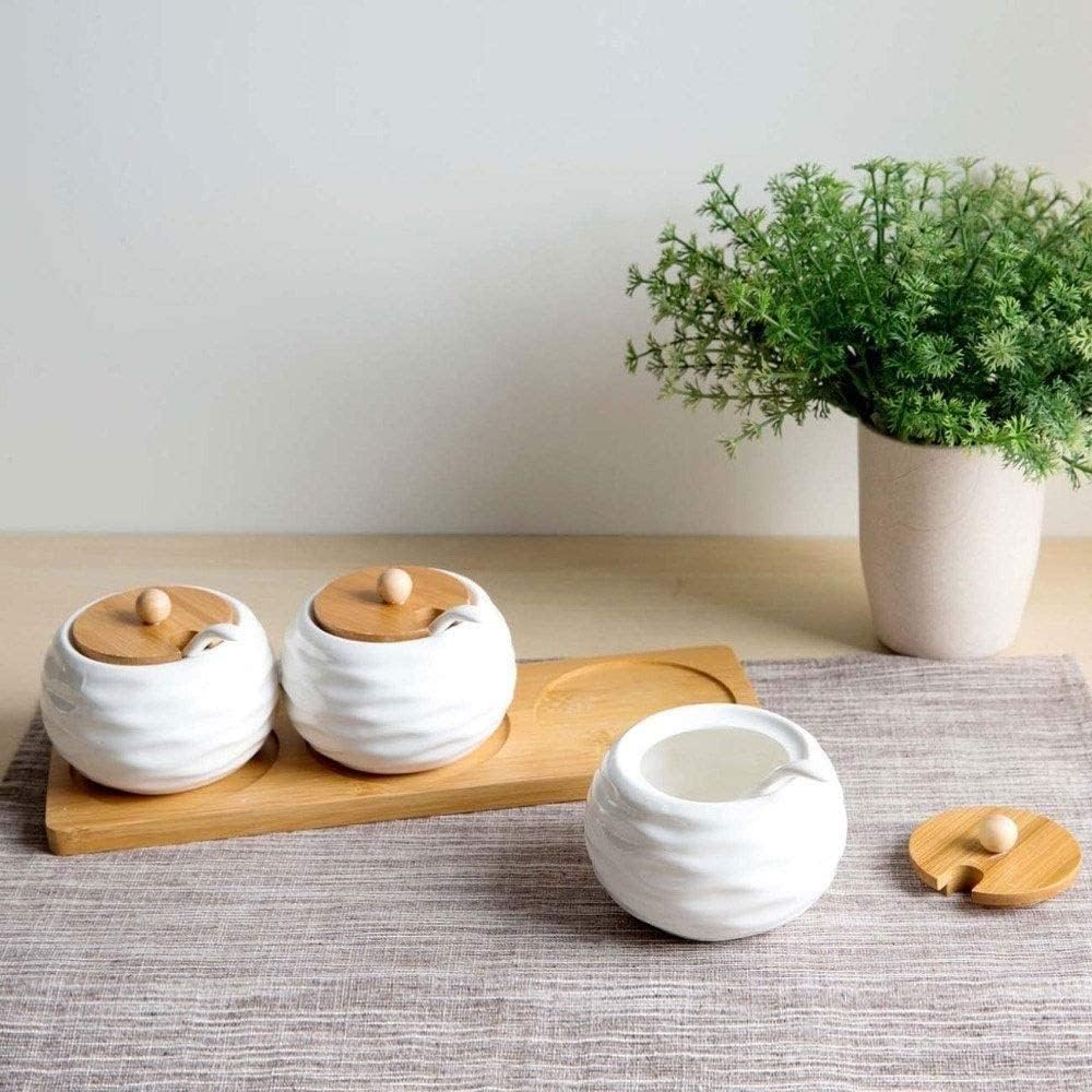 Keramik Gewürzglas Set mit Tablett, Gewürzdosen für Küche, Gewürzdosen mit Deckel & Löffel, Salz- & Pfefferbehälter, Gewürzbox für Kräuter & Gewürze