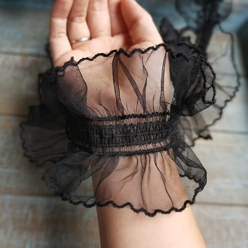 Karmelling 1 Yard Black Mesh Stretch Wrinkle Lace Fabric Needlework Elastic Ruffle Trim Pets Dolls Clothes Sewing Guipure Décor,10Cm #TOP14