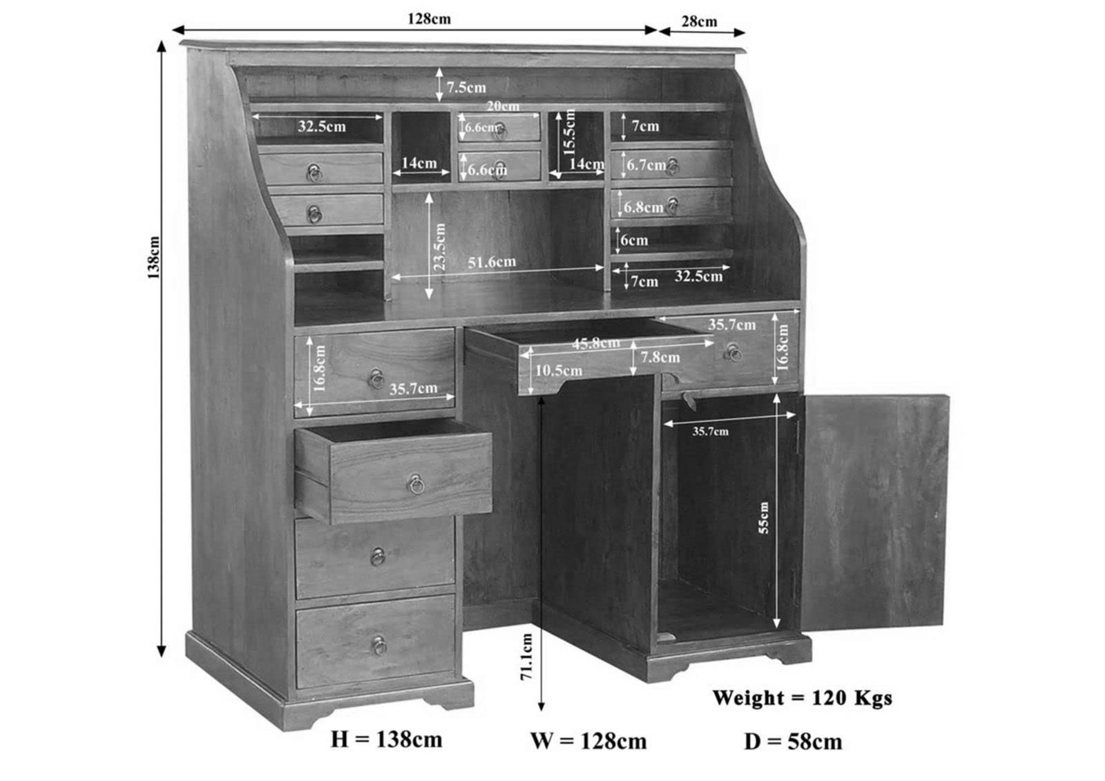 MASSIVMOEBEL24.DE | Oxford Sekretär Akazie, Farbe:Dunkelbraun lackiert, Größe:128x58x138 cm (BxTxH)