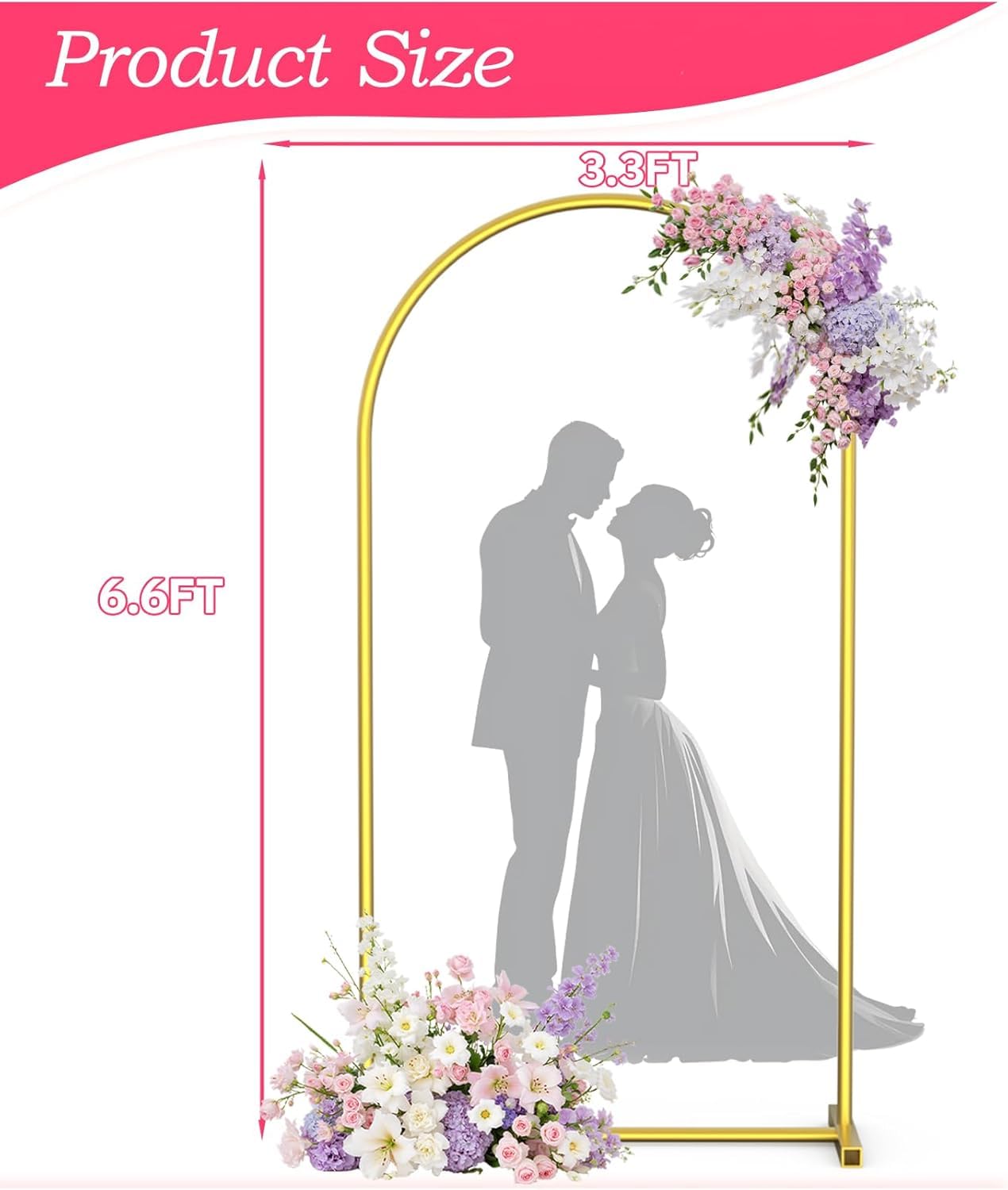 Supporto per sfondo ad arco da 1,8 m a 2,2 m, cornice per arco nuziale, supporto stabile in metallo con base quadrata per terra, per feste di compleanno, baby shower, ghirlande, oro (supporto