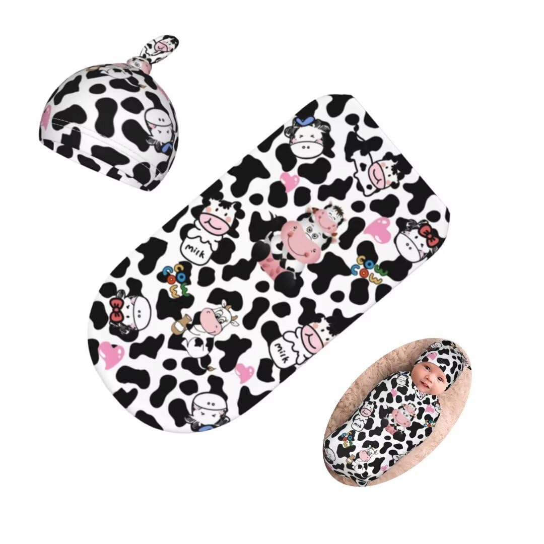 Cute Cow Print Newborn Swaddling Blanket Beanie Hat Sets Soft Baby Receiving Funny Cattle Blanket Soft Sleeping Bag New Born Soft Sleep Sacks for Boys Girls