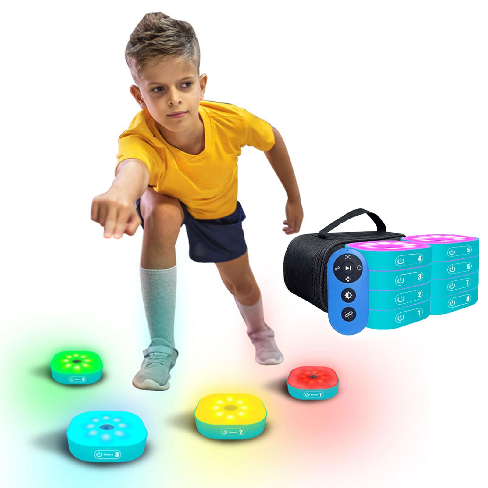 Suzlazyr 8 Lights Reaction Training Lights Remote Control Speed And Agility Response Training Equipment 4 Modes & 4 Light Color Hand Eye Coordination Training Lamp For Sports And Fitness,