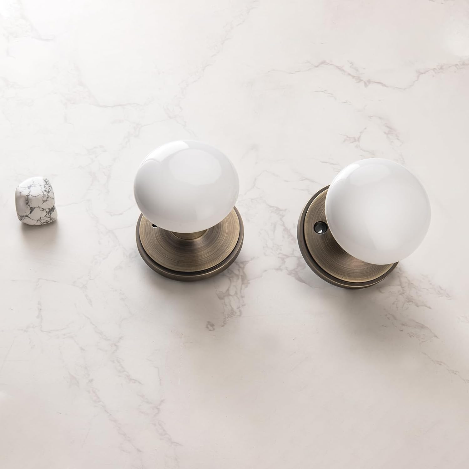 NCL White Door Knobs, Door Knob Interior, Porcelain Round Door Levers, Antique Brass Privacy Door Handles, Door Locks for Bedroom and Bathroom