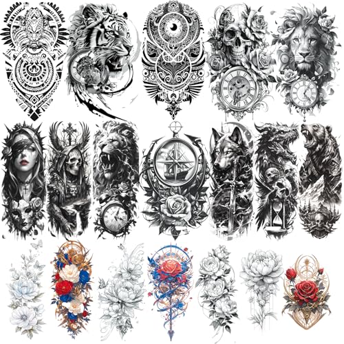 Christmas 19 Sheets Temporary Tattoo for Men Women Adults, Black 3D Flower Half Sleeve Tattoos, Scary Lion Wolf Tiger Skull Summer BBQ Pool Beach Party
