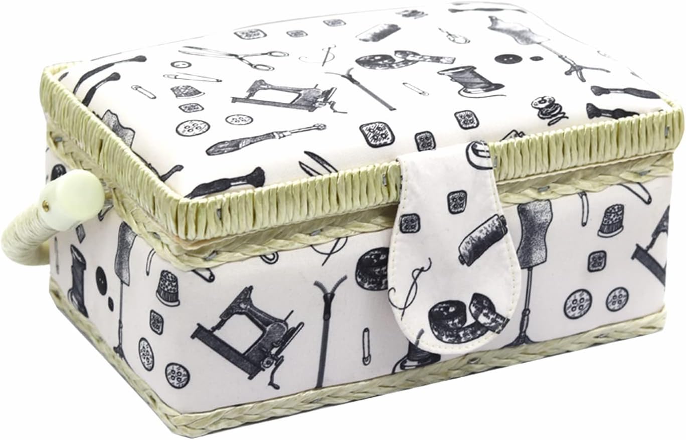 Small Sewing Basket with Supplies, Sewing Kit Storage Box for Girls/Kids/Beginners (White, Sewing Accessories Pattern)