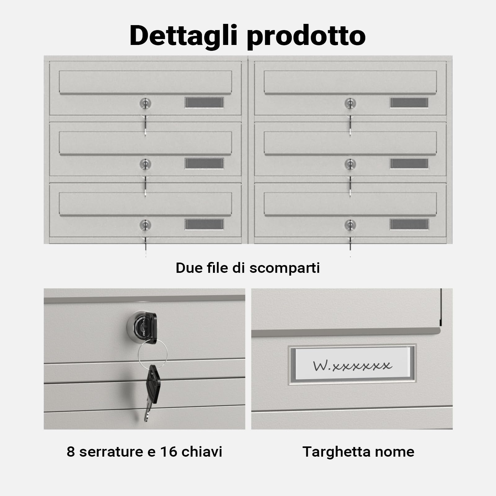 Wiltec Cassetta postale condominiale autoportante, 8 posti, acciaio inox, 945 x 270 x 1500 mm, 2 moduli