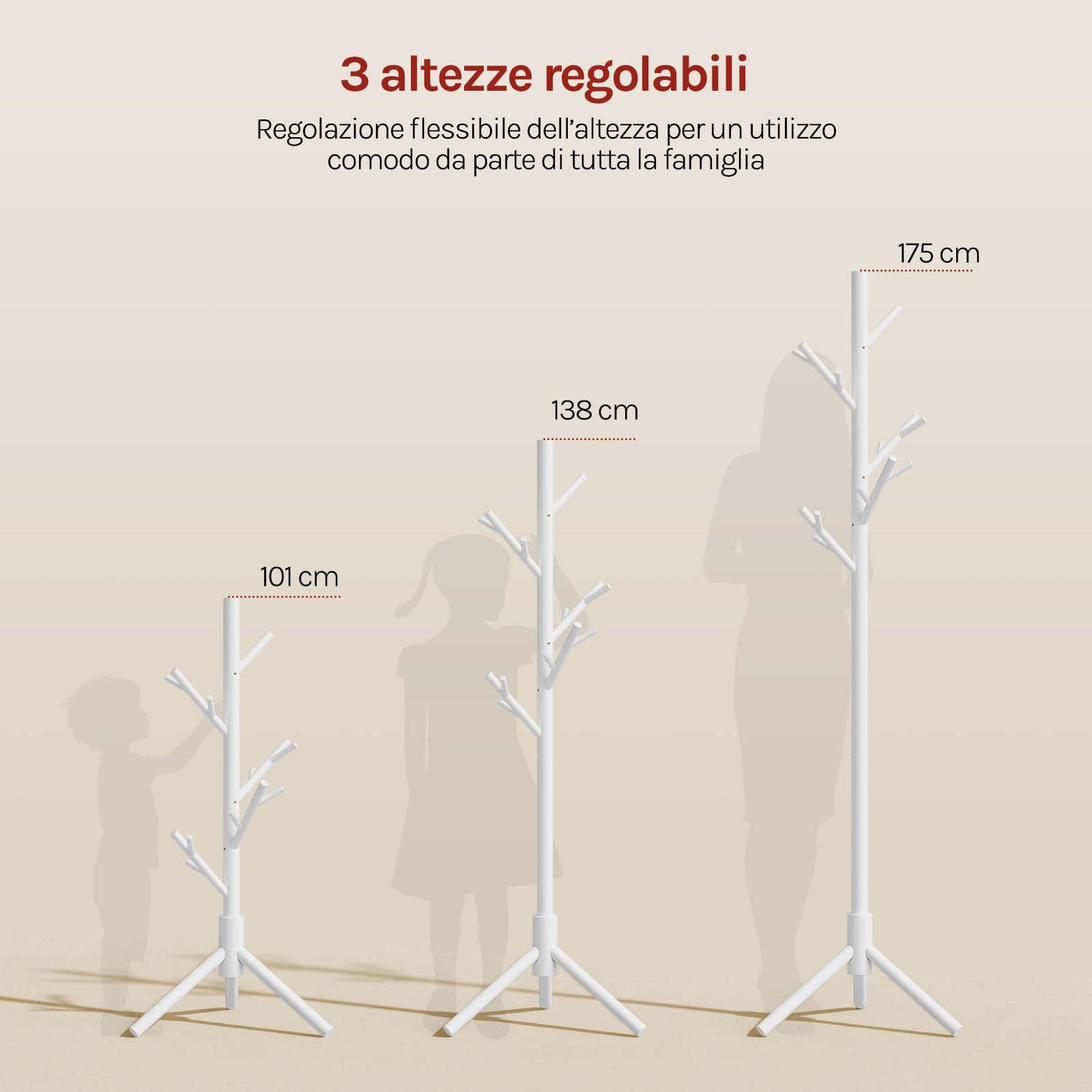 WOLTU Appendiabiti da Terra a Forma di Albero, Attaccapanni con 13 Ganci, Altezza Regolabile su 3 Livelli, in Legno, per Ingresso, Guardaroba, Camera da Letto e Ufficio, 48x42x175 cm, Bianco