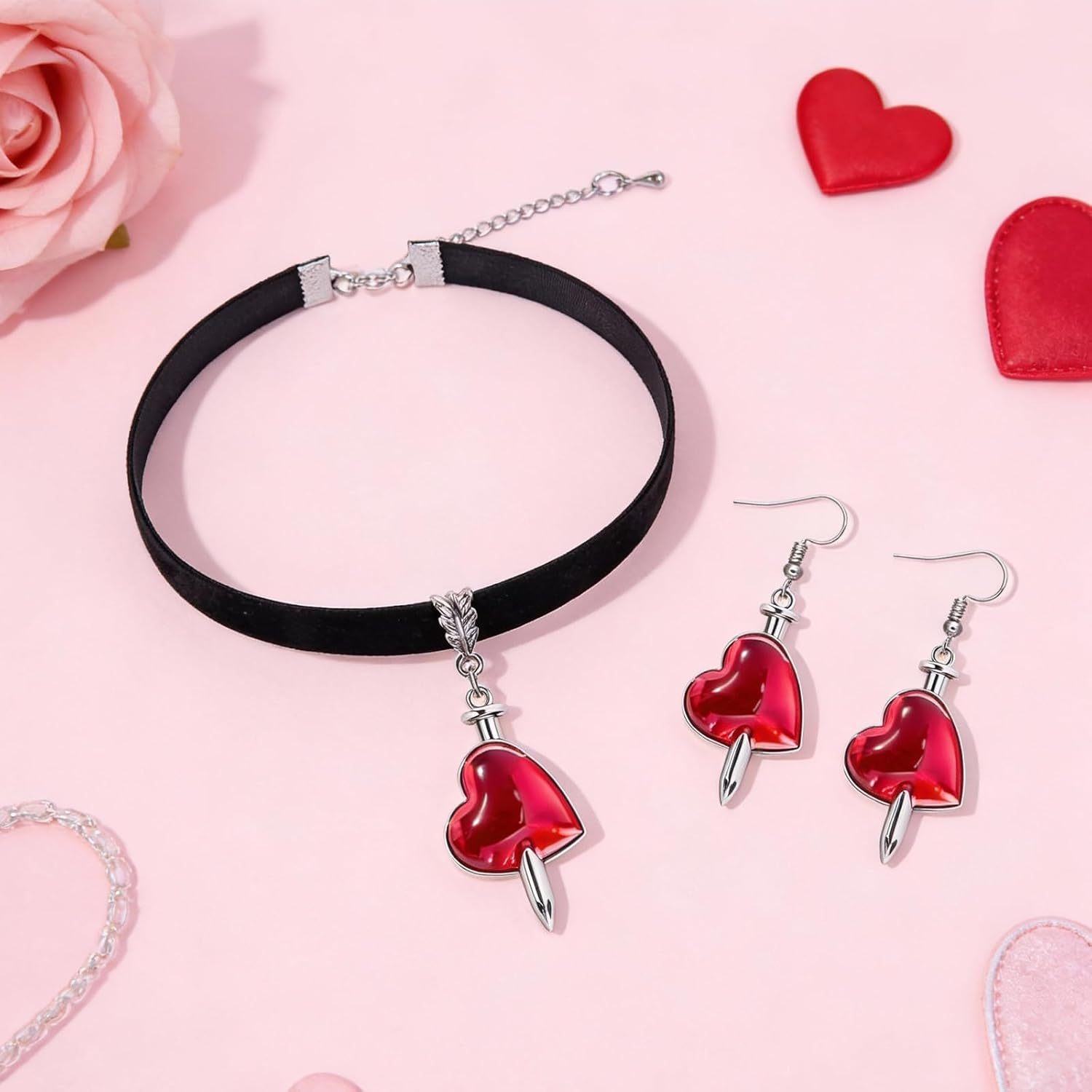 Red Heart Necklace Earrings Set for Women Goth Anatomical Heart Necklace Red Earrings Gothic Jewelry Gift Trendy - Image 4