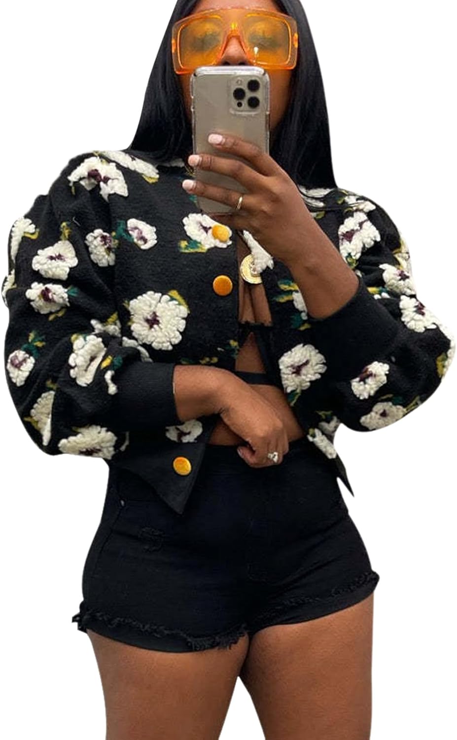 BQDCQB Womens Cropped Floral Print Jacket Warm Fleece Bomber Jacket Casual Button Down Coats Fall Puff Outerwears