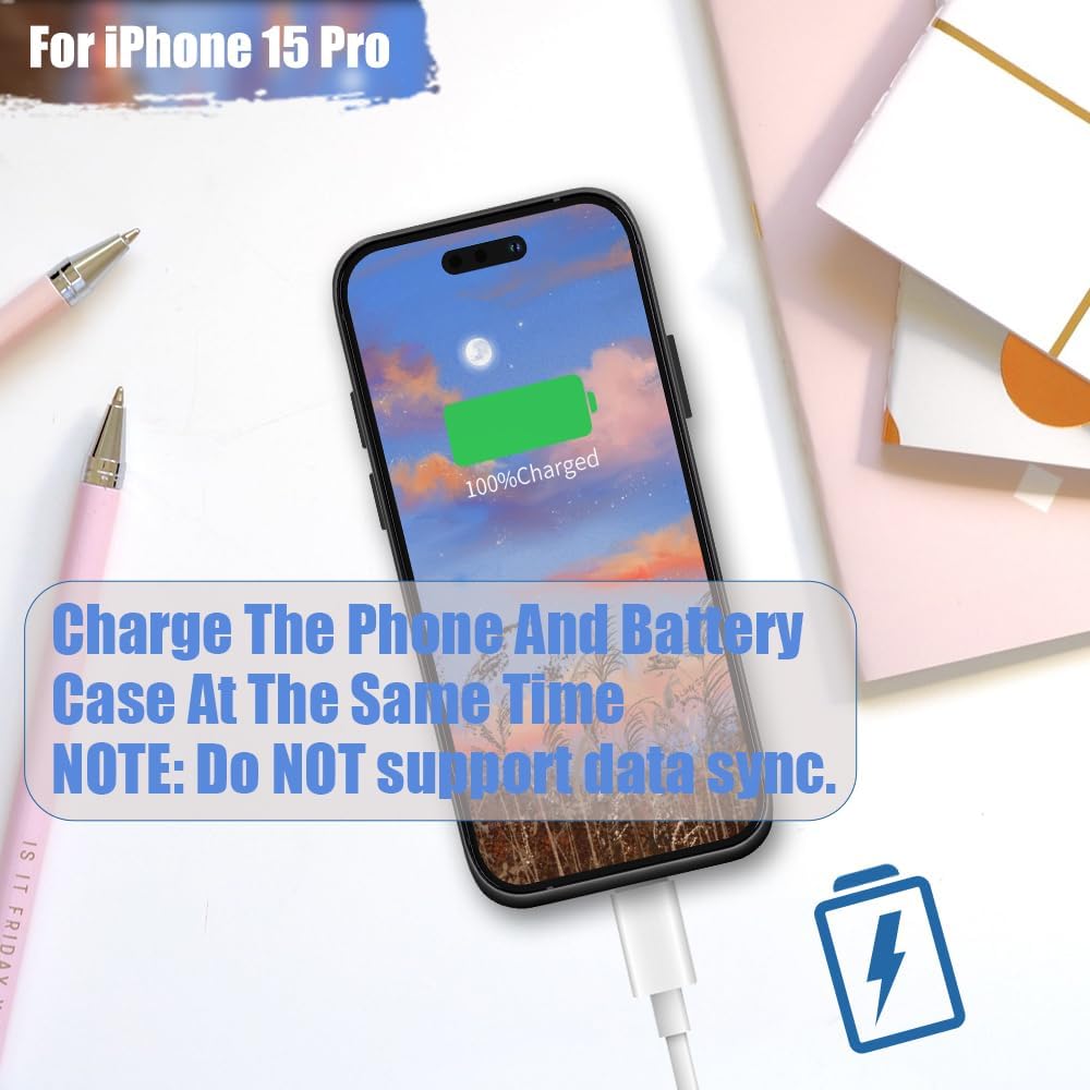 Battery Case for iPhone 15 Pro, 5000mAh Rechargeable Extended Battery Charging/Charger Case, Add 100% Extra Juice (6.1 inch) Black