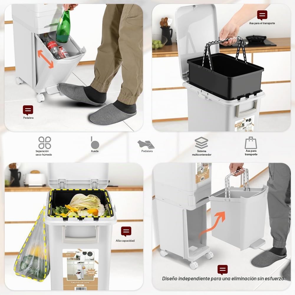 BAKAJI Cubo de basura alto y estrecho de cocina de 32 litros con cesta extraíble para basura y recogida diferenciada, diseño ahorra espacio, 1 cubo abatible + 1 cajón, 26 x 36 x 84 cm (32 litros)