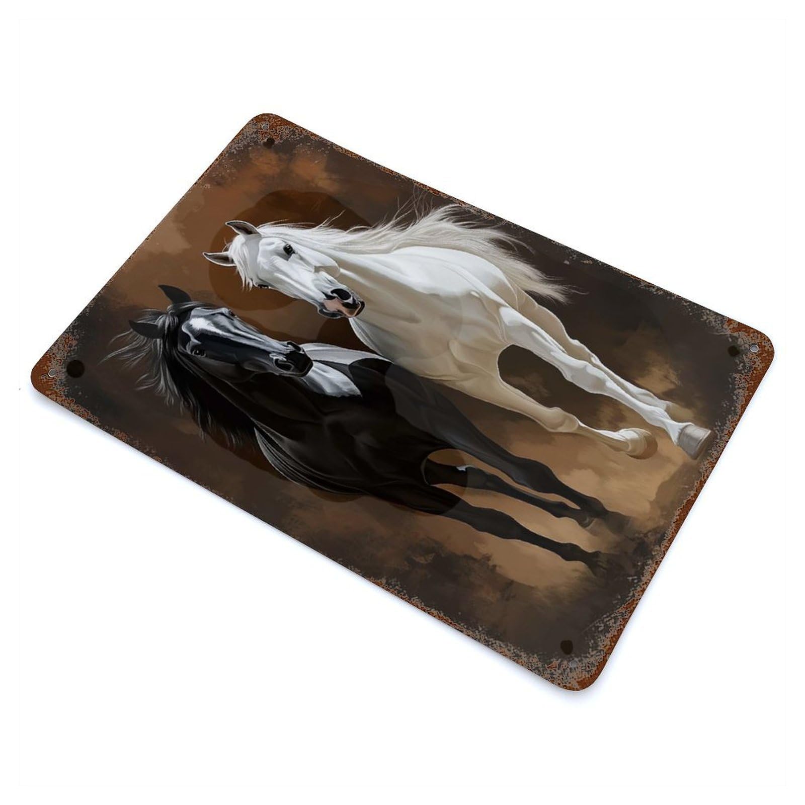 Black And White Horses 11.8"x7.9" Vintage Rust Metal Sign, Shabby Chic Decor for Garage, Bar And Workshop Decor
