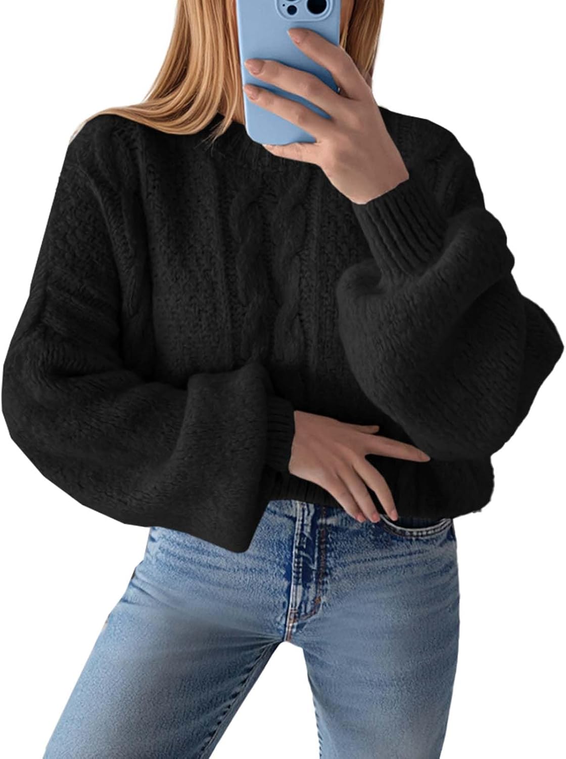 Saodimallsu Womens Oversized Cable Crewneck Sweaters 2025 Fall Long Sleeve Ribbed Knit Pullover Loose Jumper Tops