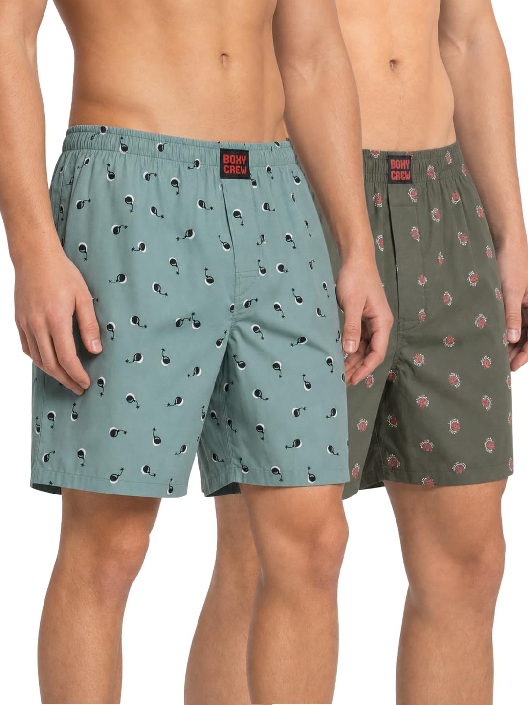 Men's 100% Cotton Printed Boxer Shorts Pack of 2 with Dual Side Pockets and Fabric-Covered Waistband - Green/Olive, Styles MBX023, MBX026-picture-15