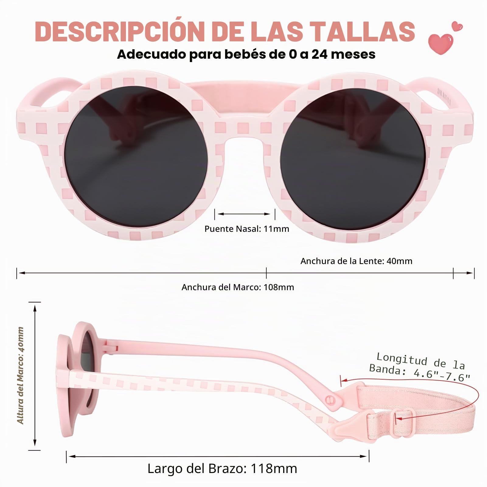 Gafas de sol polarizadas para bebés de 0 a 36 meses, con banda ajustable, silicona, marco redondo, protección UV, para niños pequeños de 0 a 3 años