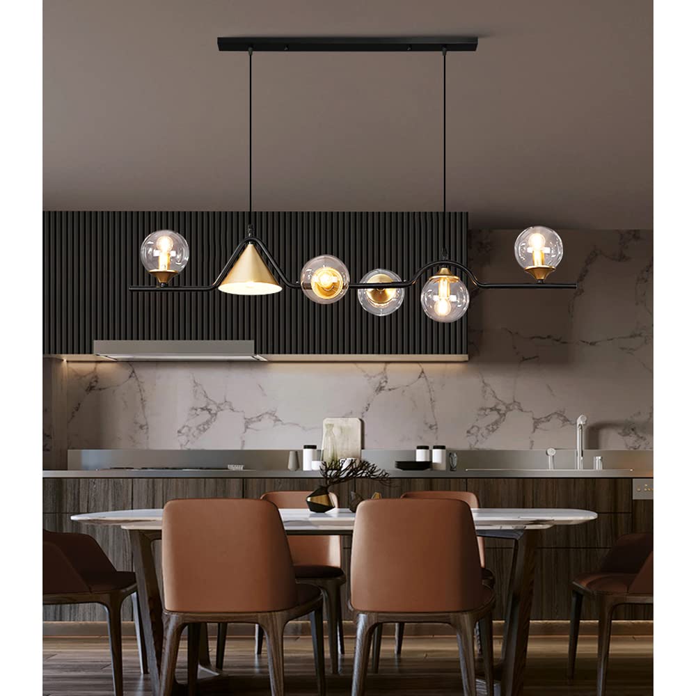 Lampadario lineare a 6 luci, lampade a sospensione con paralume in vetro, apparecchi di illuminazione a soffitto in stile metà secolo Lampada a sospensione per sala da pranzo Isola della cucina