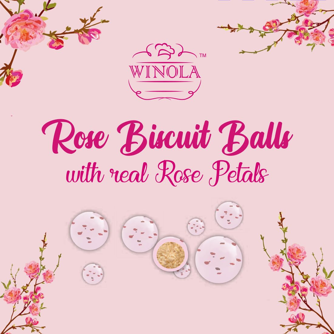 Winola Rose Biscuit Balls with Real Rose Petals | Floral Creamy Dessert Munchies | Ideal for Cake Decoration, Gifting & Tea-Time Treats (150 gm in a jar) - Image 4 thumbnail