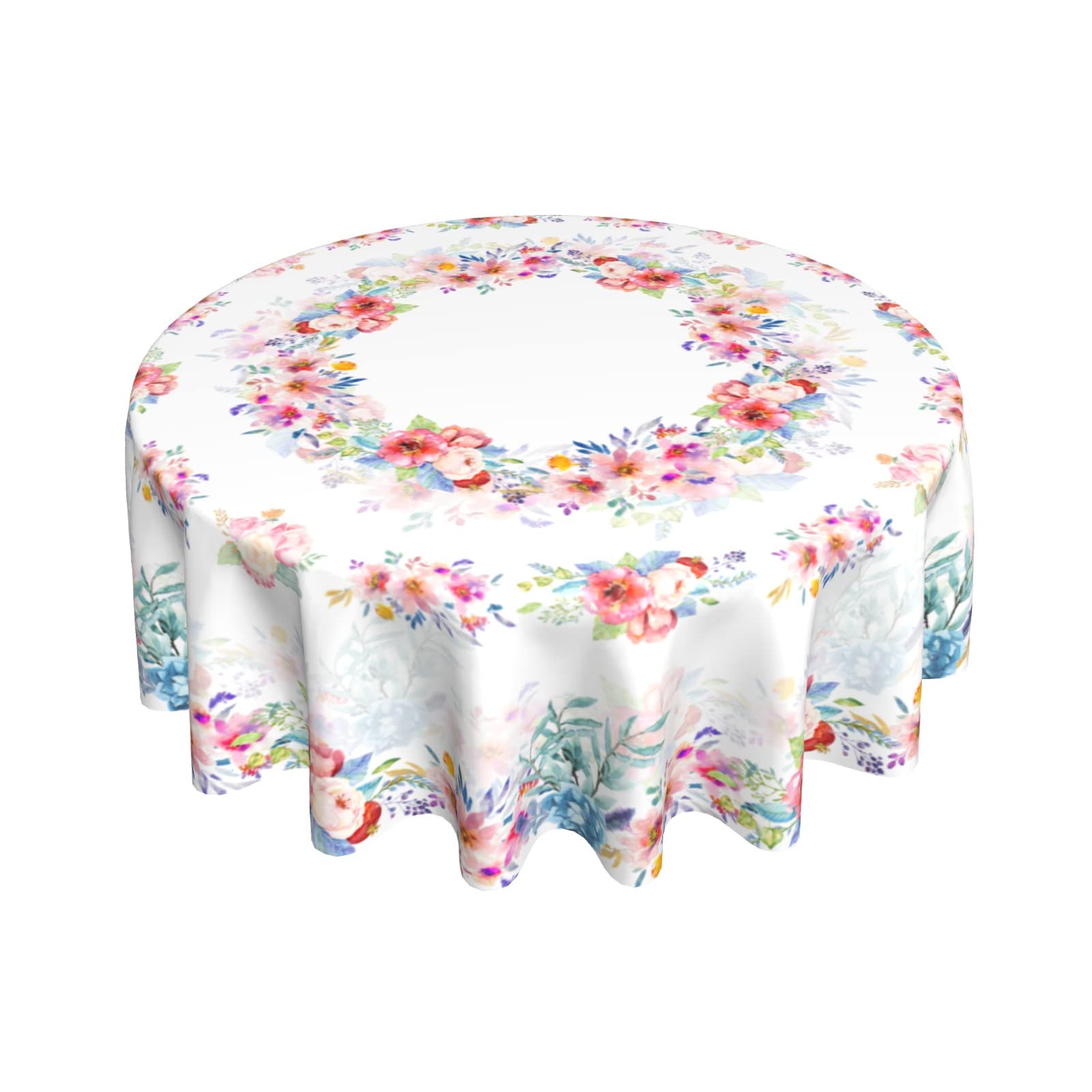 Beautiful Spring Summer Floral Tablecloth Round 60 Inch Watercolor Green Leaf Pink Flowers Round Tablecloth Farmhouse Table Cloth For Kitchen Dining