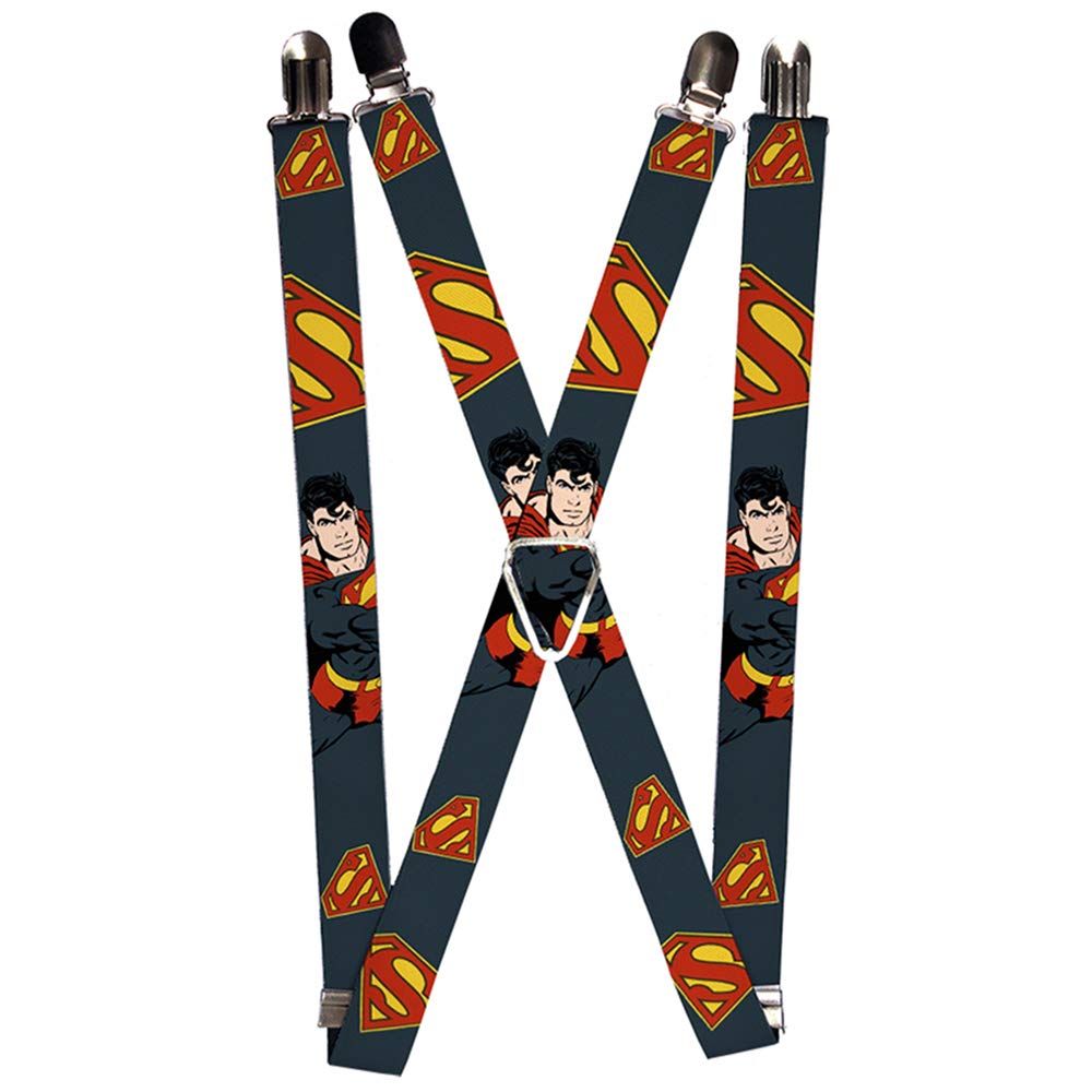 Buckle-Down Unisex Adult Suspenders Superman Action Pose/Scattered Shield Navy/Gold Braces, multicoloured, One Size