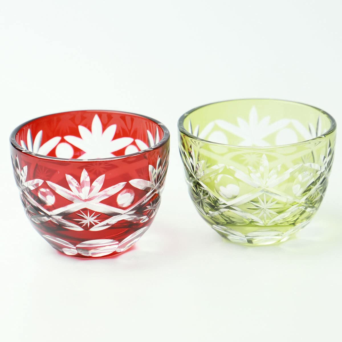Kiriko Guinomi Sake Cup Pair Red and Olive Cut Glass 1oz Round Japan