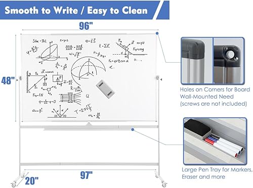 Vista 35 de FORTUNO Pizarra blanca móvil magnética grande de 72 x 48 pulgadas, soporte rodante de doble cara sobre ruedas, pizarra blanca reversible ajustable