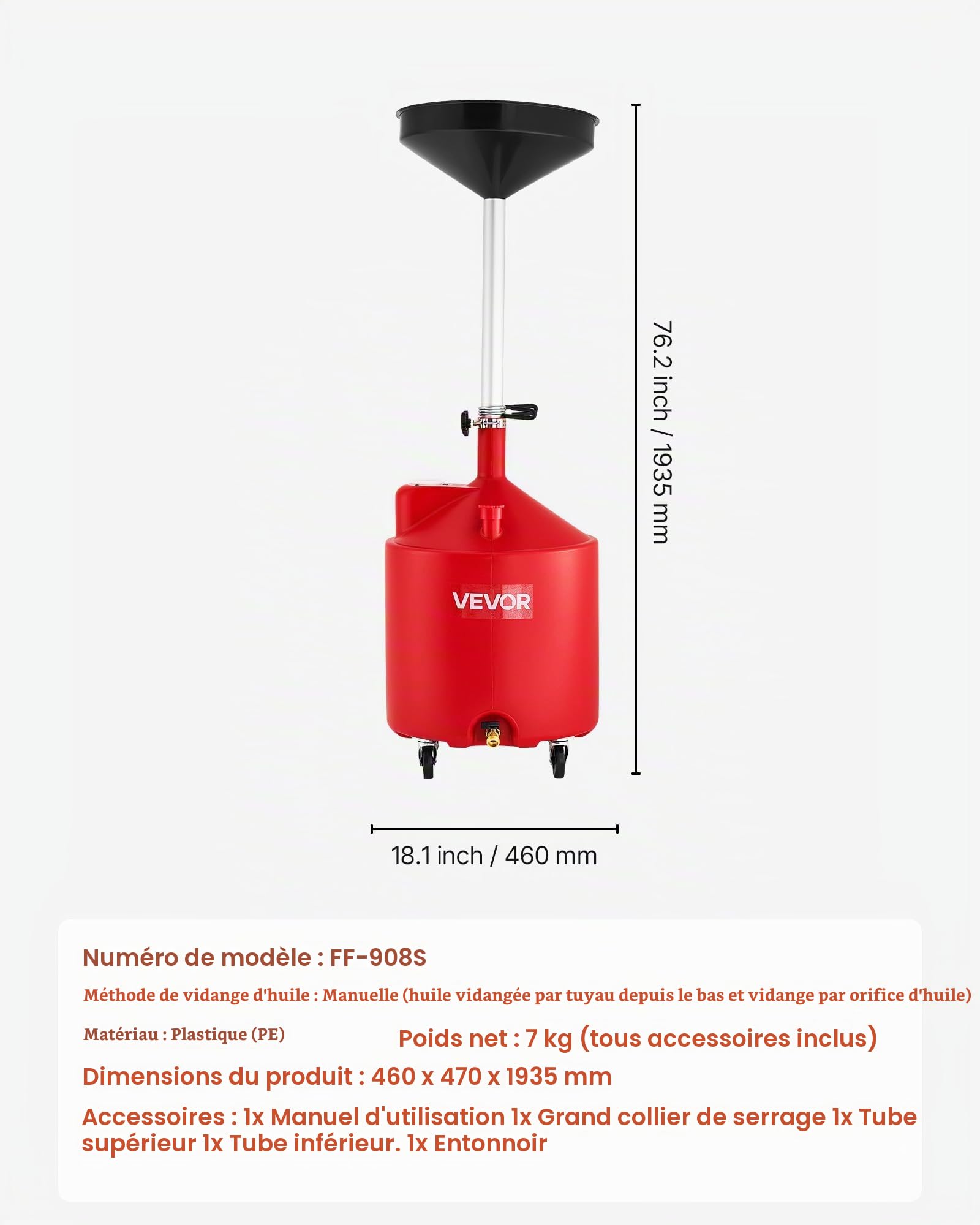 VEVOR Réservoir de Vidange Huile Usagée 68 L, Vidangeur Huile Portable Industriel, avec Entonnoir Réglable en Hauteur, Roues, Drainage Transfert Carburant pour Ateliers Réparation Automobile, Rouge