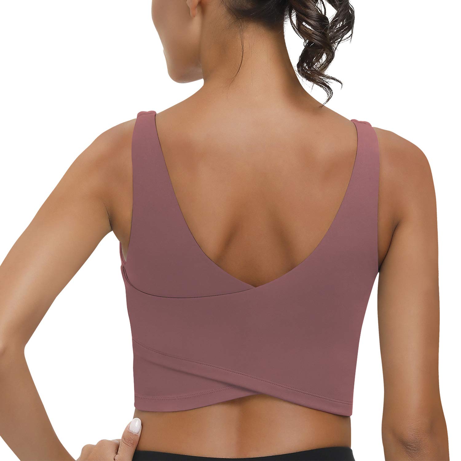 V Neck Built in Bra Longline Sports Bras for Women Padded Medium Support Workout Crop Tops for Running Yoga Gym Tank