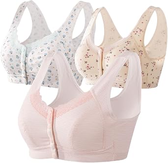 3Pack Everyday Floral Sleep Bras Organic Cotton Soft Cup Wireless Front Snap Close Non-Pdded Bras Plus Size